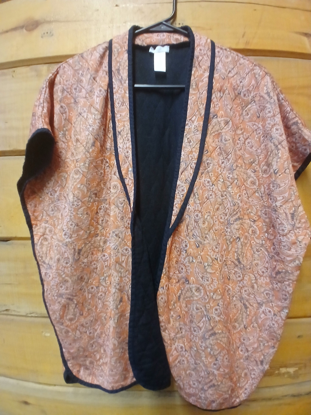 J. Jill Orange Paisley Quilted Open Cape with Black Trim